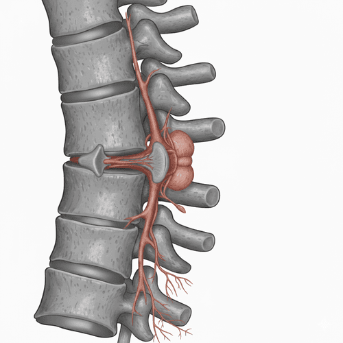 Ilustracja medyczna przedstawiająca boczny przekrój kręgosłupa lędźwiowego. Widoczne są kręgi oddzielone krążkami międzykręgowymi.